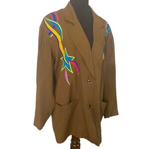 Vintage 90s Brown Abstract Appliqué Boxy Blazer Jacket Artsy Dopamine Dressing